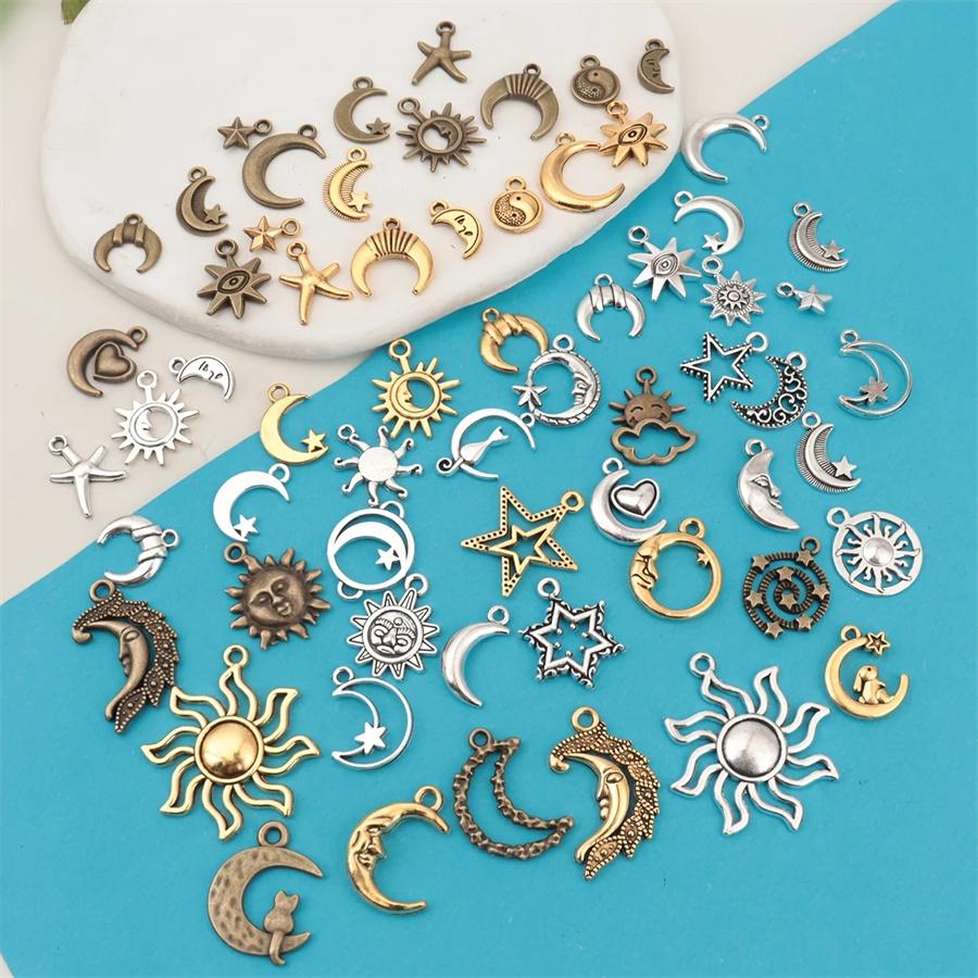 18/48Pcs/Lot Zinc Alloy Antique Silvery Star Moon Pendant Personality DIY Earrings Pendant for Hand Chain Necklace Mardi Gras Day Ramadan
