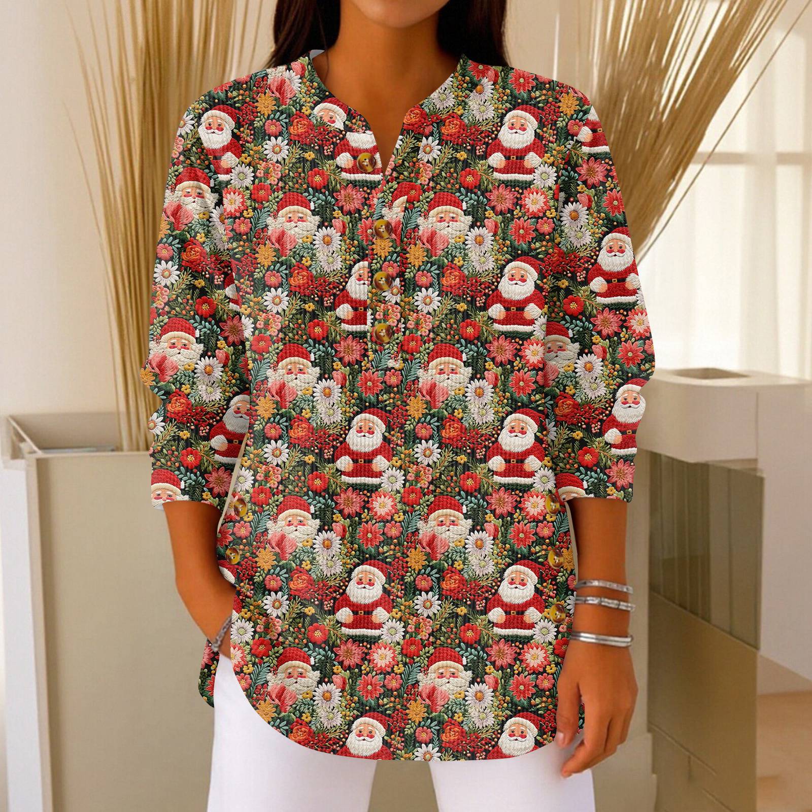 

Жіночий модний пуловер з довгими рукавами та різдвяним принтом на ґудзиках XL червоний