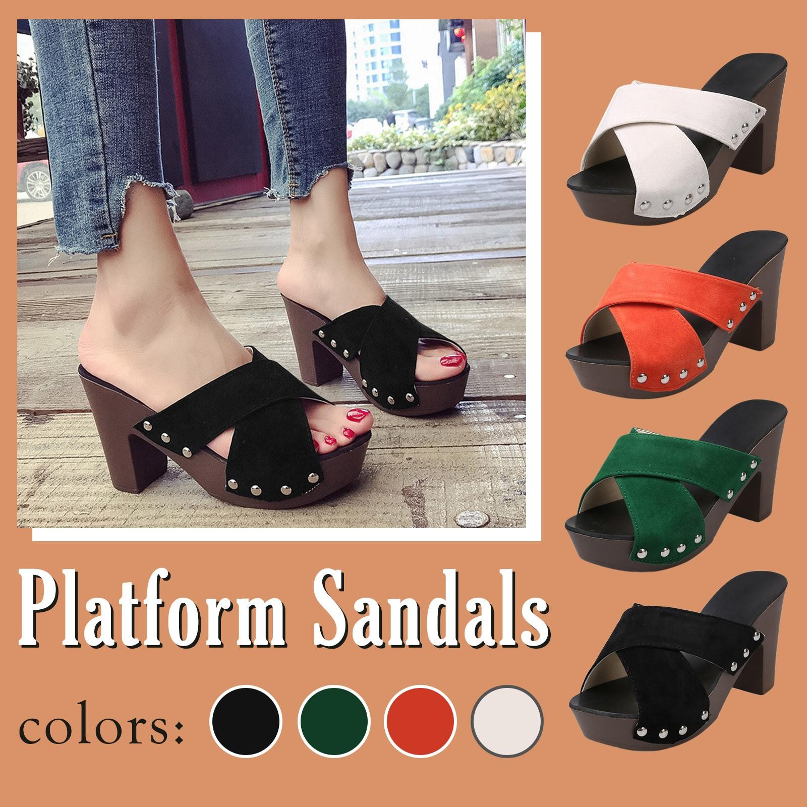 

Водонепроницаемые однотонные босоножки на толстом каблуке с перекрестным ремешком большого размера на платформе