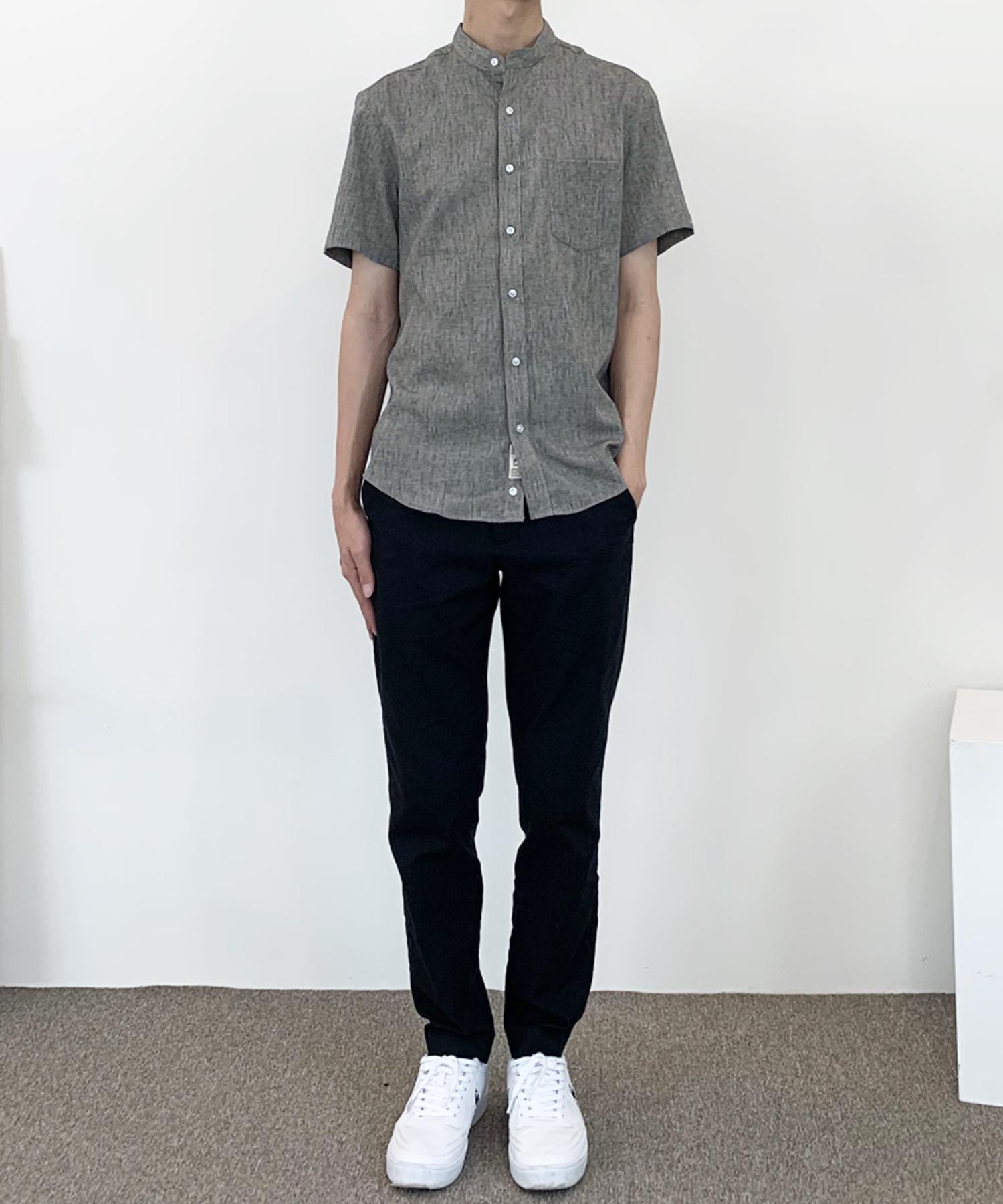 The Shirt Studio Gray Loose Fit Linen Blend Mandarin Collar Short Sleeve Shirt 105