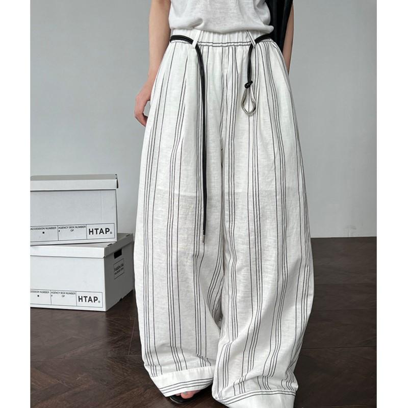 Johnature Casual Striped Elasticated Waist Pants Women Summer With Belt Lazy Wide-leg Trousers