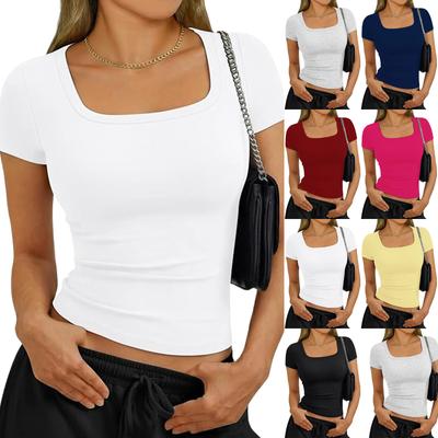 Women's Fashion Basic Square Neck Short Sleeve T-Shirt Top