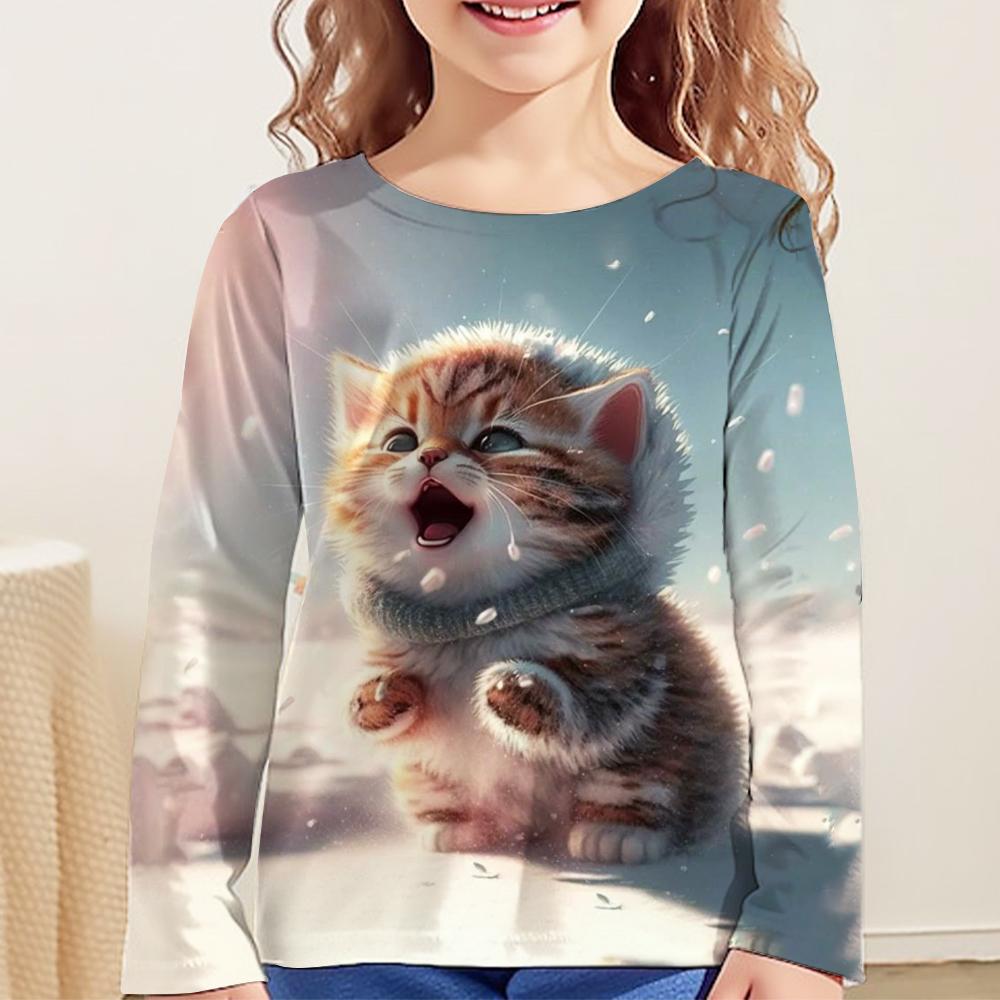 Children's Clothing Long Sleeve Cat Print O-Neck Kids Spring Fall Clothes Fashion Cartoon Girls Clothes T-Shirt Streetwear Tops