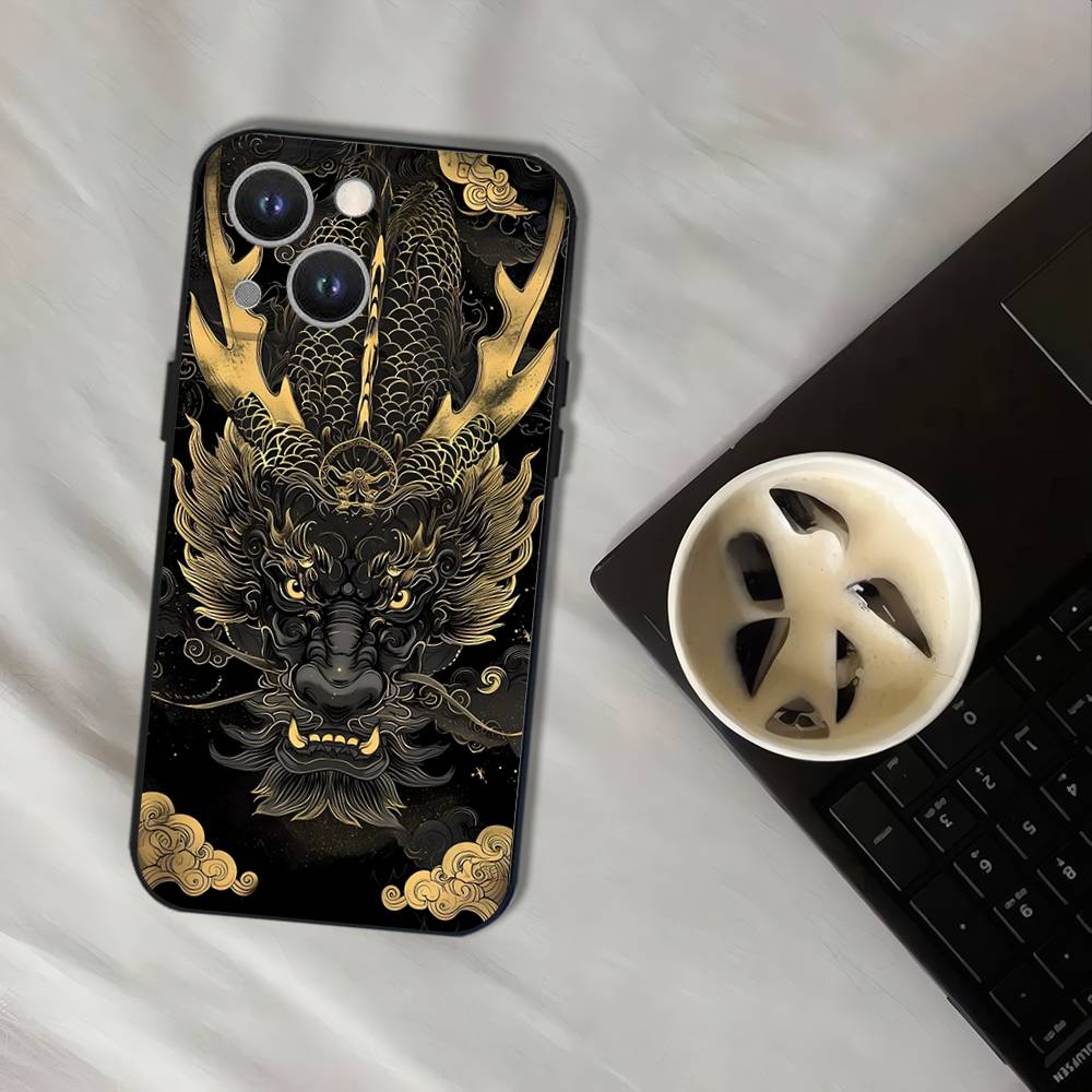 Luxury Dragon Totem Phone Case For iPhone 17,16,15,14,13,12,11,Pro,XS,Max,XR,Plus,E,SE4,Mini Black Soft Cover