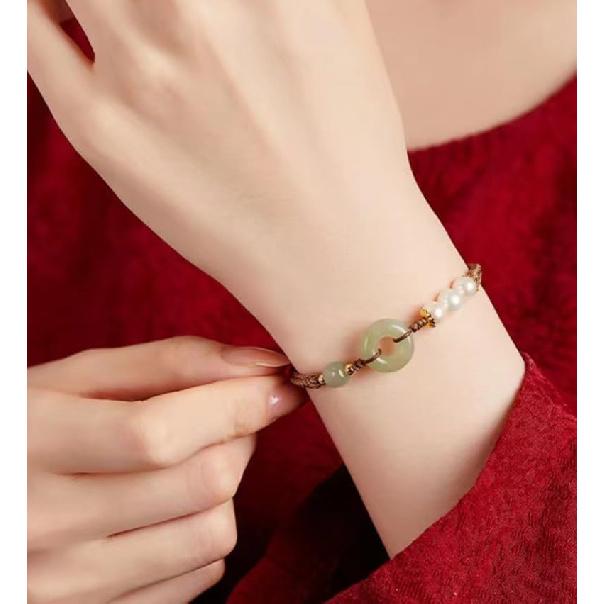 and Tian Jade Peace Buckle Bracelet Knitted String Pearl Peace Good Luck Pearl Boudoir Bracelet Birthday Resizable Hand Braid Rope Thread Protection