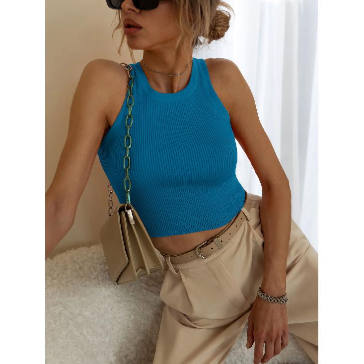 

2024 Лето Однотонный Тонкий Нитки Внутренняя Одежда Блузка Короткий Жилет Free size синий