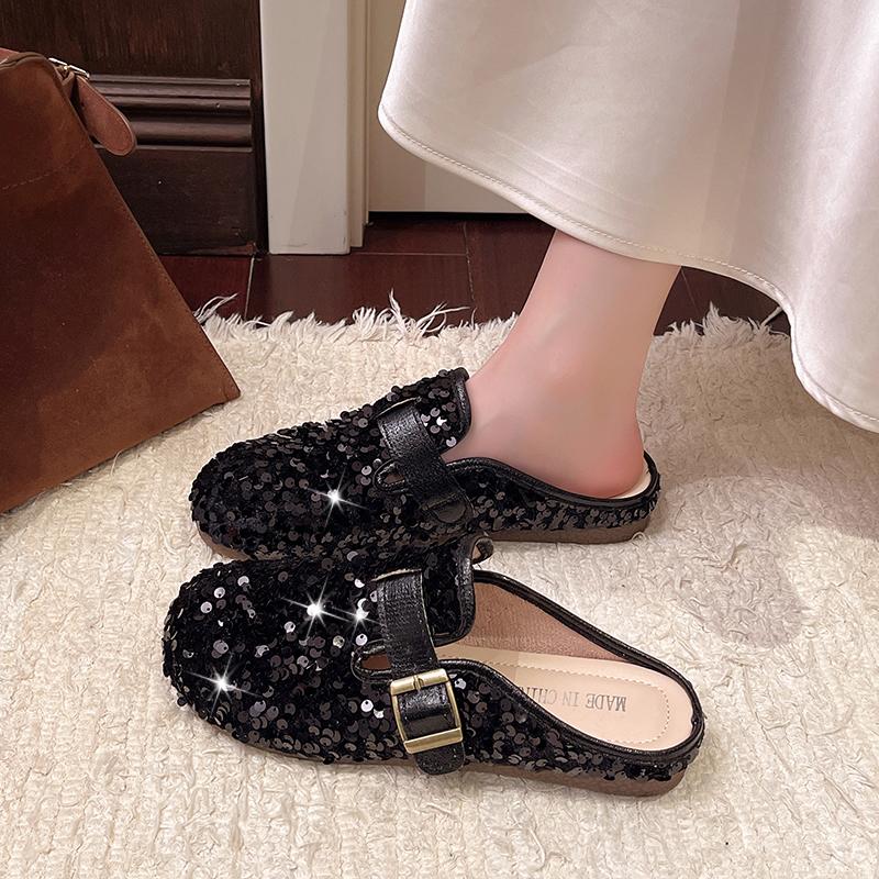 Mezze pantofole francesi con paillettes Baotou da donna, nuove per la primavera e l'estate, da indossare fuori, con carattere, Mary Jane, scarpe basse