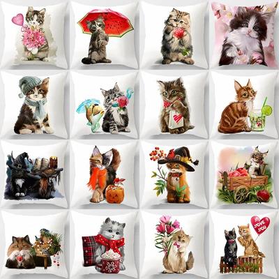 Cute Cat  Print Polyester Cushion Cover 45x45 Throw Pillow Case For Sofa Car Home Decorative Pillowcase Pillow Cover
