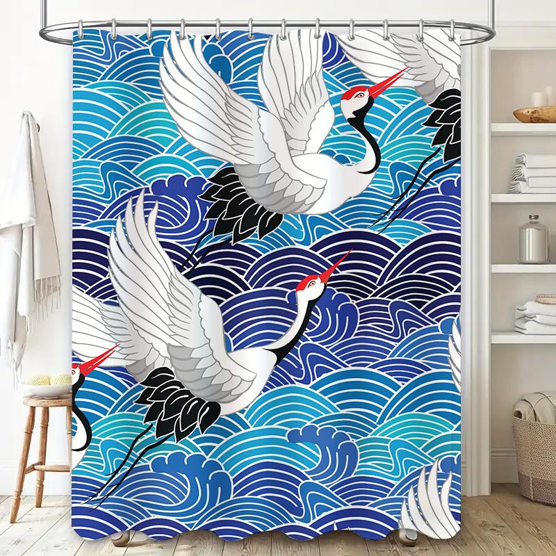 Blue Waves White Cranes Shower Curtain: Unique Home Decor for Bathrooms Printed Fabric Waterproof Hanging Decorations (Size XXL)