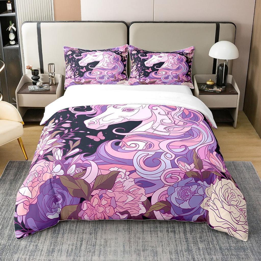 Comforter Unicorn Queen Pink Flowers Bedding Set For Kids Girls Bedroomromantic Sparkle Galaxy Stars Comforter Unicorn