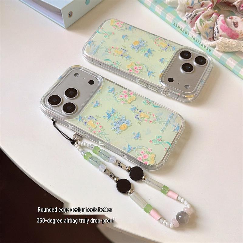 High-End French Retro Floral Bird Chain Phone Case for iPhone 17, 16 Pro Max, 15, 14