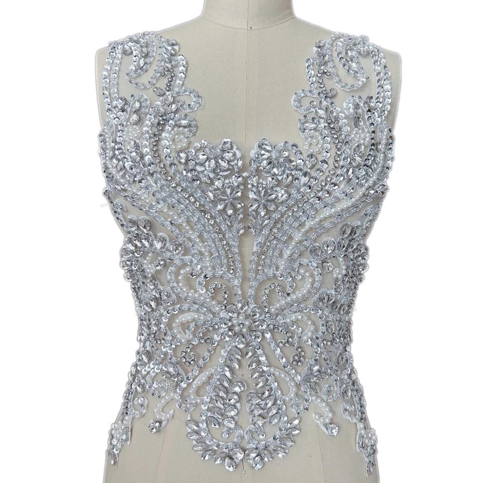 3D White Appliques Glass Beads Rhinestones Crystals Sewing Designer Diy Women Evening Wedding Dress Bodice Patches Decoration