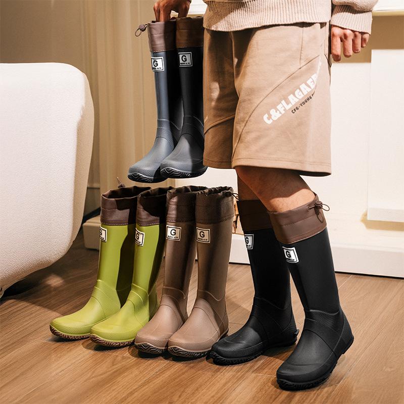Fashion Travel Parent-child Rain Shoes Bundle Black Tall Flat-soled Waterproof Shoes Splash Non-filling Wind Vertical Pattern Travel Water Boots