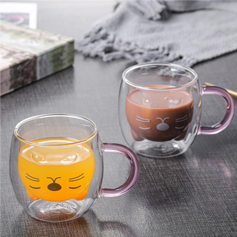 1/2 st Söta Kattmuggar Med Handtag Glas Dubbelväggigt Isolerat Glas Espressokopp Kaffe Mjölkmugg Gåva