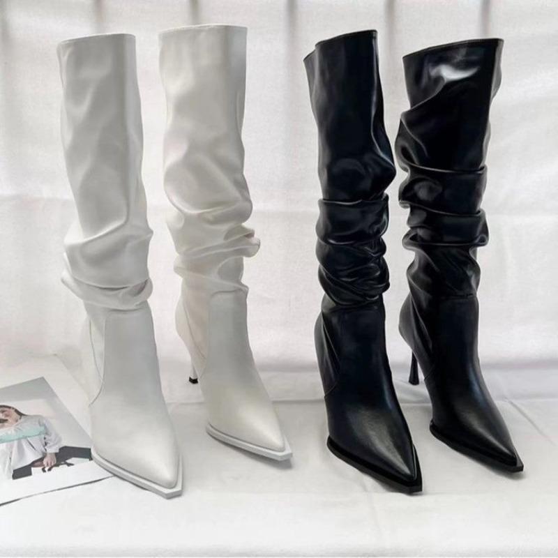 Women's Pointed Toe Pleated Knee-High Boots Winter Off White Black High Cylinder Piled Boots Thin Heels Fashion Women Shoes