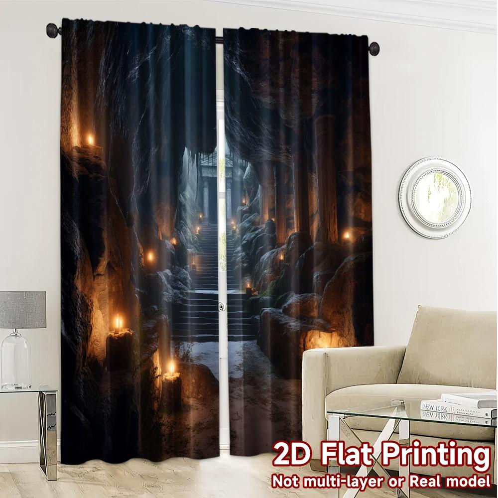 2pcs   2D FLAT PRINTING Curtains (Without Rod) Ancient Cavern Modern Curtains Versatile 100% Polyester Curtains Decorations