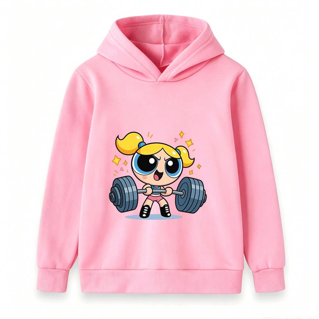 Kids Boys Girls Pullover Hoodie, Cute Bubbles Powerpuff Weight Lifting Cartoon Print Casual Soft Hooded Sweatshirt for Children Daily Wear