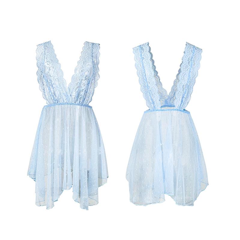 Multi-Color Lace Deep V Nightgown Sheer Mesh Backless Polka Dot Sexy Pajamas 155 Playful Seductive Sleepwear with Classic Polka Dot Charm