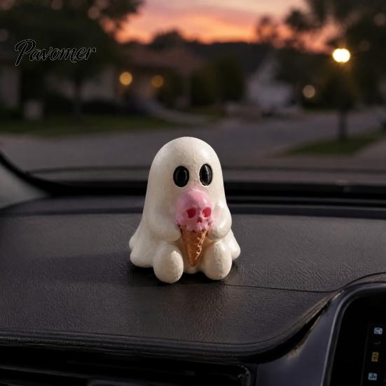 Cute Ghost Resin Ornaments Halloween Mini Decorative Figurine, 3D Printed White Statue with Personalized Gifts Pink Skull Ice Cream, Desktop Ornament