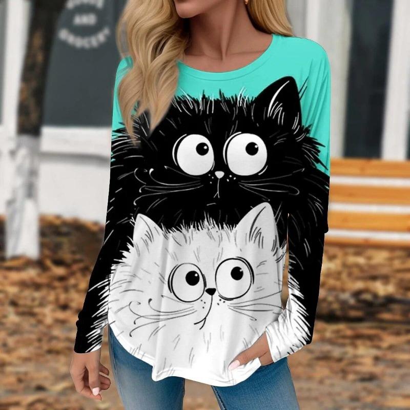 Women's 3d Colorful Cartoon Kawaii Cat Print Autumn Long Sleeve Tops Women's T-Shirt O-Neck Oversized Ladies Clothing