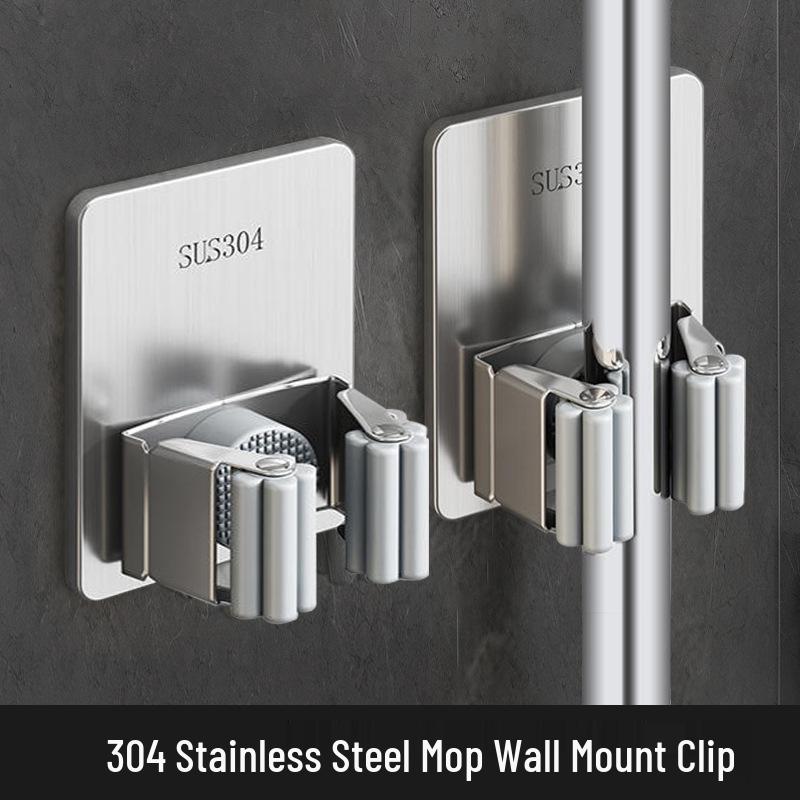 Stainless Steel No-Drill Mop Wall Mount Clip - Strong Adhesive, Traceless, Heavy-Duty Hook for Bathroom and Door