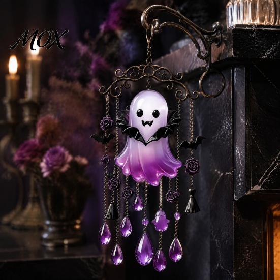 Alloy Chain Wind Chime Halloween Ghost Decoration, Vintage Sun Catcher with Faux Crystal Hanging Ornament Drops Tassels, Acrylic for Holiday
