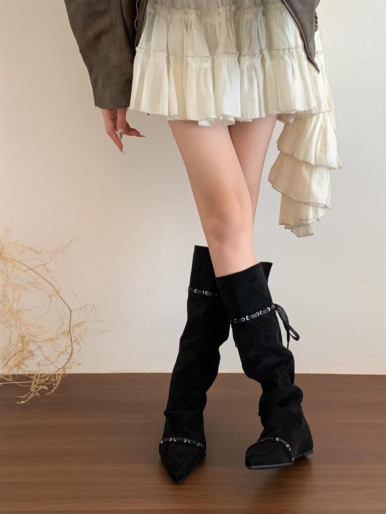 "Wasteland Spice Girls" Inner Heightening Western Cowboy Boots Women's Autumn and Winter Pile Boots Lace-up Skinny Knee Boots