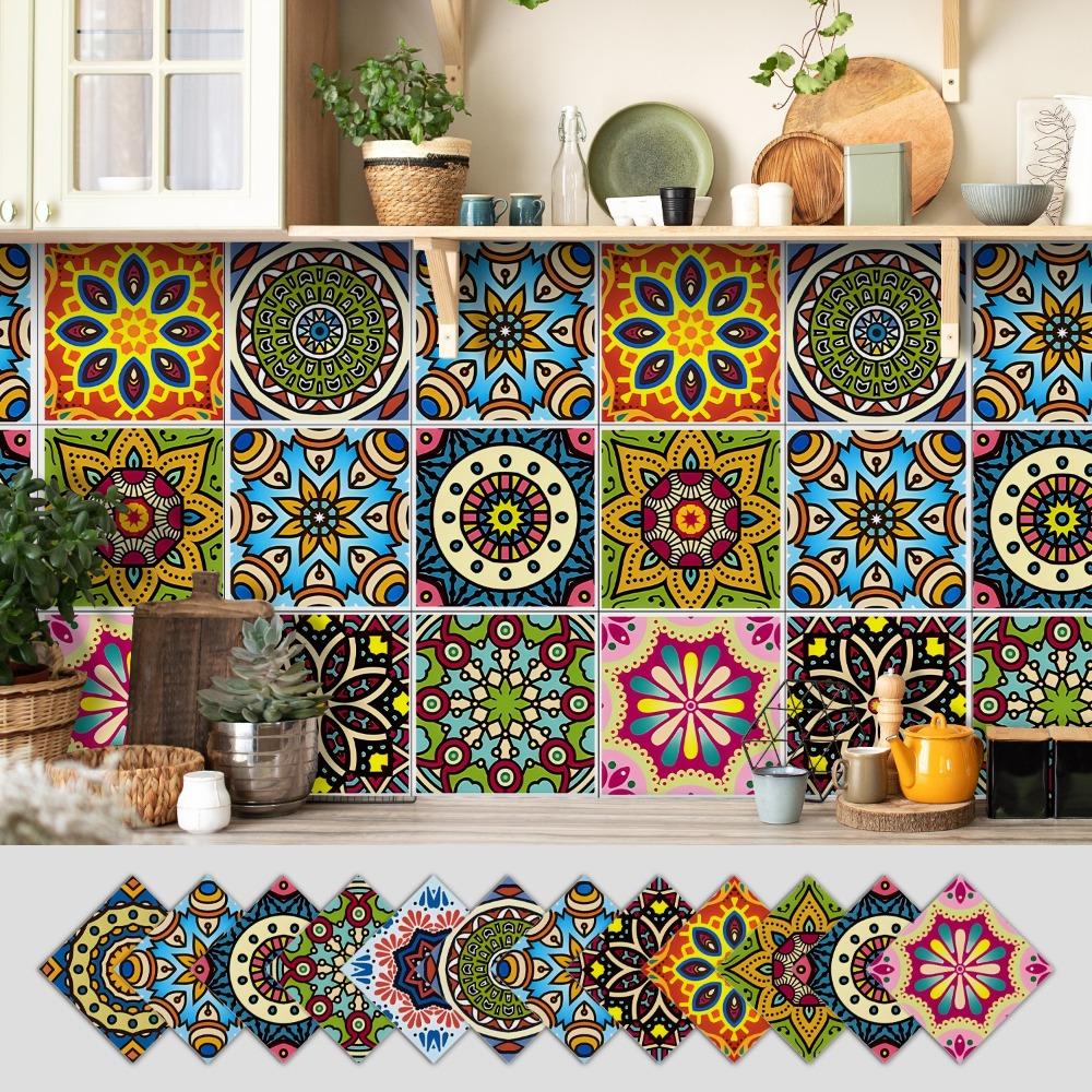 12Pcs Mandala Pattern Backsplash Tile Stickers Multicolor Design PVC Peel and Stick Tile Self-Adhesive Classic Style