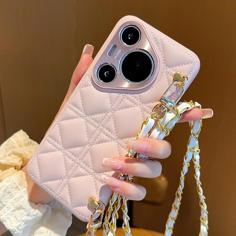 

Crossbody Strap Diamond Pattern Leather Phone Case for Huawei Pura 70 Ultra Pura70 Pro Plus Metal Camera Protection Hard Cover Pura70Ultra