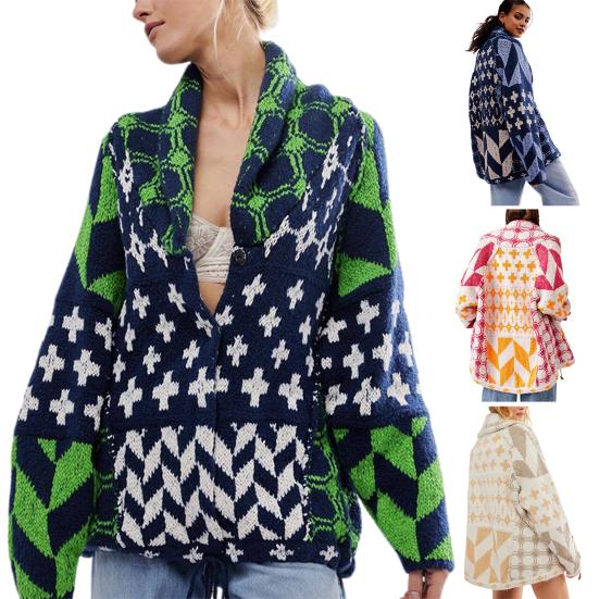 Sweter kardigan z regulowanym ściągaczem u dołu, klapami, długim rękawem, nadrukiem graficznym, luźnym krojem, oversize, szalowy kardigan
