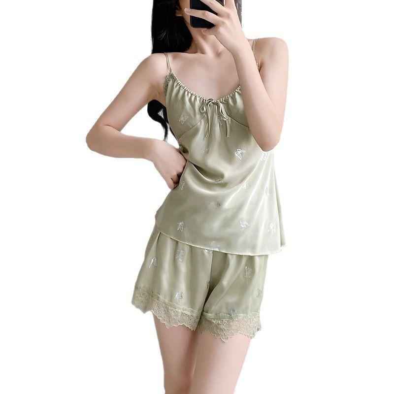 Internet celebrity pure sex summer suspender shorts set ice silk nightgown sexy silver butterfly thin simulation silk spring and autumn pajamas