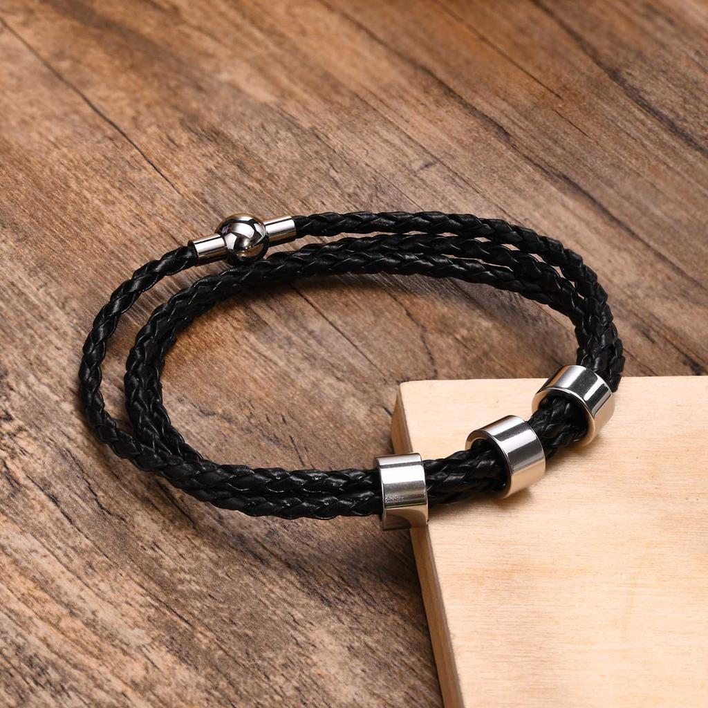 Vnox Free Custom Name Mens Braided Genuine Leather Bracelet Gifts Jewelry,Stainless Steel Beads Charm with Family Names,Dad Gift