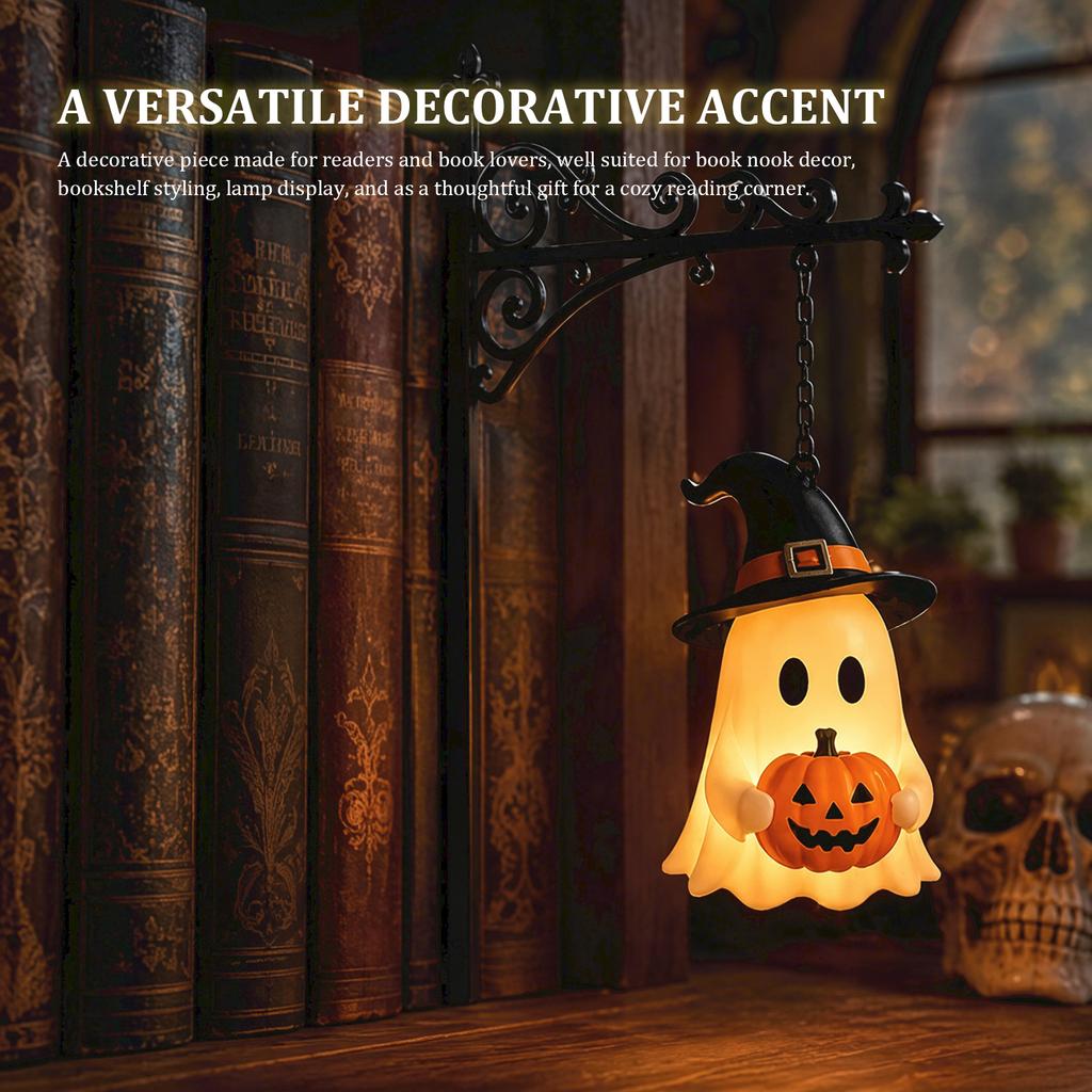 Halloween Library Lantern with Hanging Ghost&Pumpkin Vintage Bookshelf Lamp Gothic Metal Reading Lamp for Book Lovers Gift Ideal