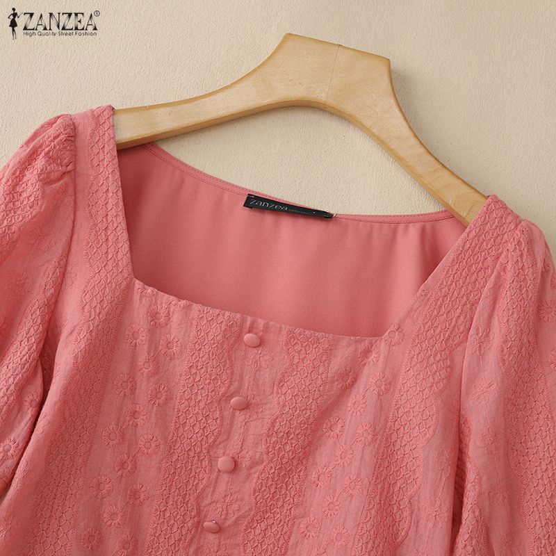 ZANZEA Women Square Collar Summer Embroidery Casual Short Sleeve Blouse