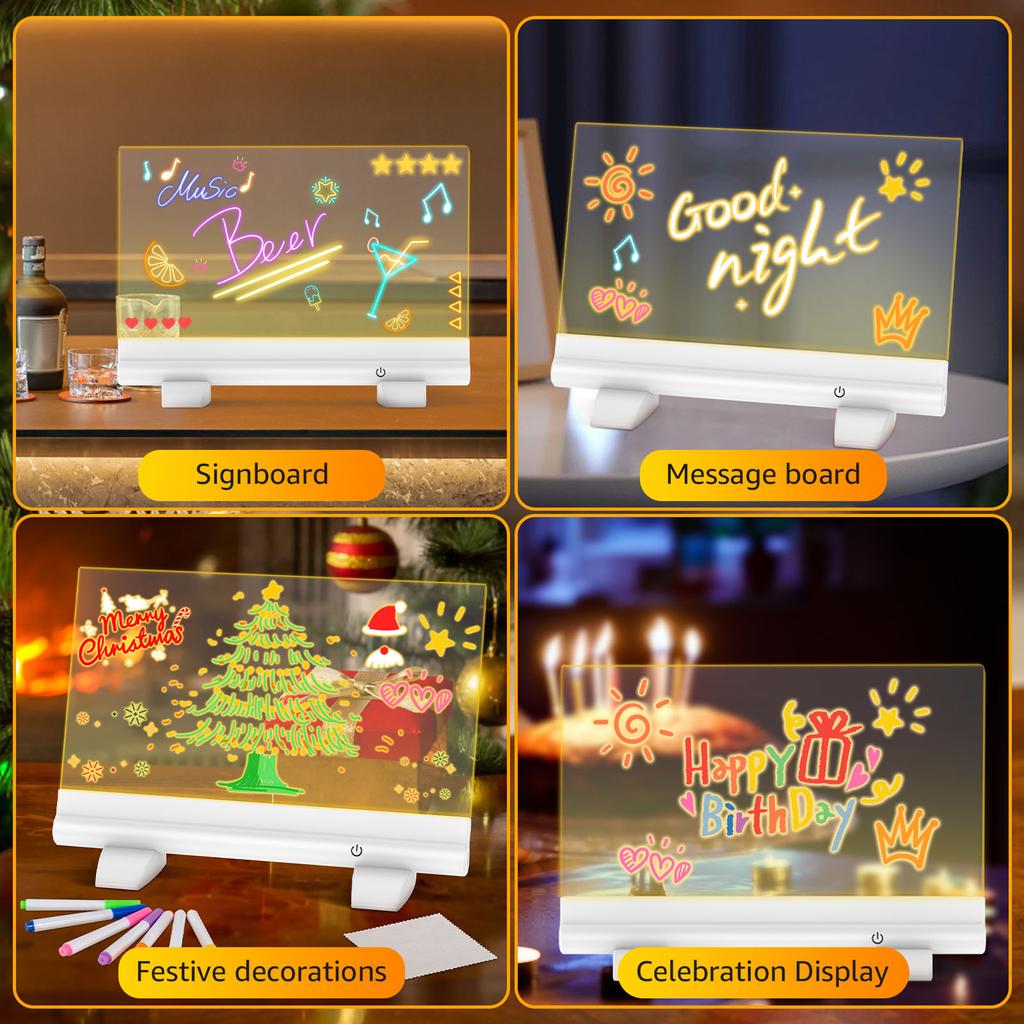 LED Luminous Drawing Board Erasable Light-Up Doodle Pad Kid Painting Toys Acrylic Note Board Memo Board with Stand and 7 Markers