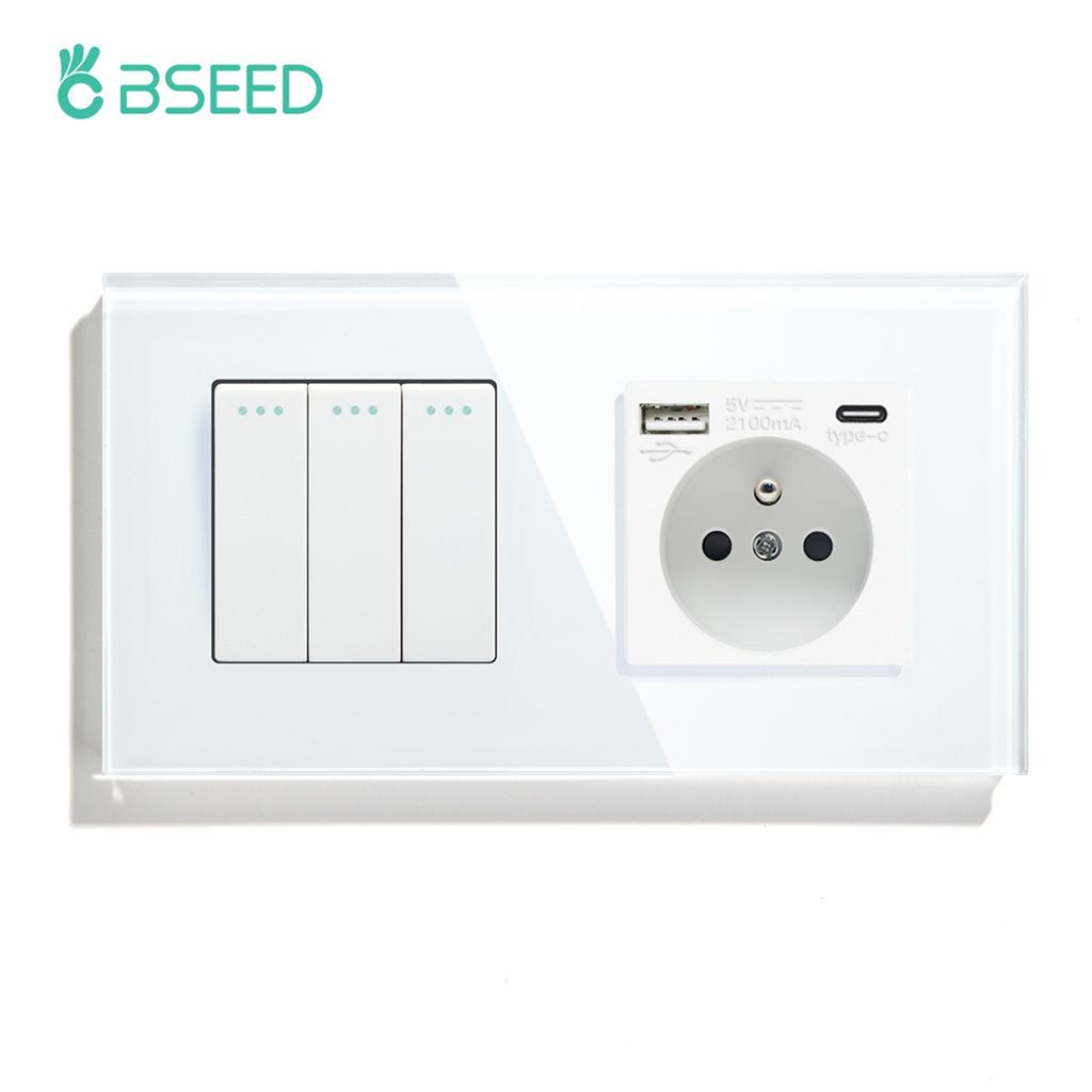 BSEED 1/2/3Gang Mechanical Wall Light Switch 1Way Plus French Socket USB Type-c Ports USB Power Sockets Glass Frame 16A