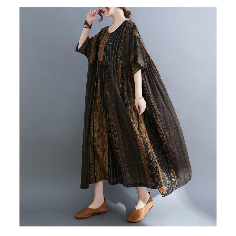 Summer Retro Age Reducing Ethnic Style Round Neck Short Sleeve Big Swing Striped Women's Plus Size Dress