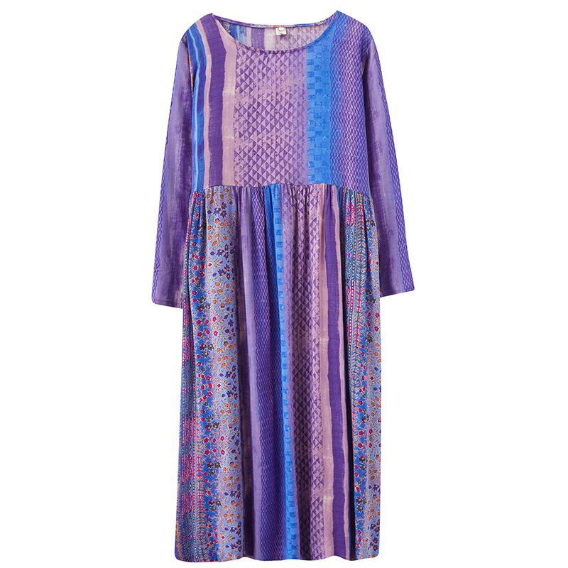 Nové jarné a jesenné dámske šaty s dlhým rukávom Veľké švihové pruhované šaty z bavlny a konope s potlačou 2XL