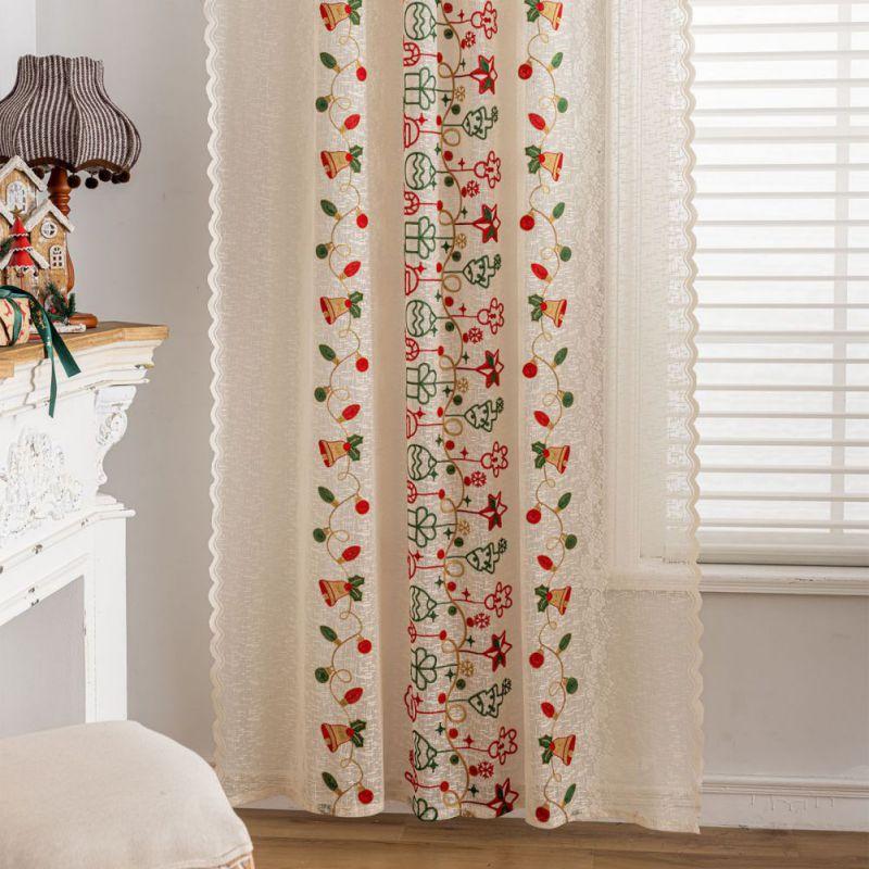 2pcs Christmas Embroidery Curtains Translucent Lace Curtains Rod Through Curtain