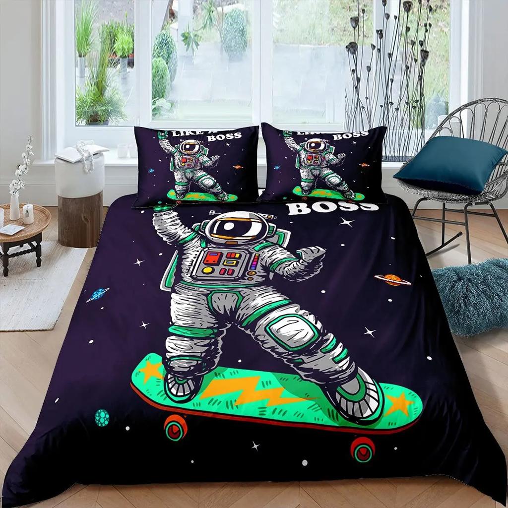Child Cartoon Astronaut Duvet Cover Bedding Set King Size Boys Kids Galaxy Stars Out Space Soft Polyester Comforter Cover Black