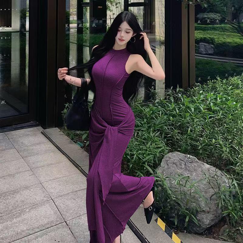 Women's Black Sleeveless French Style Slim-Fit Two-Piece Long Dress