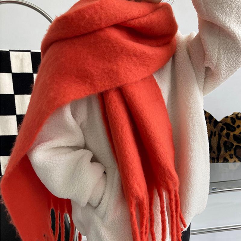 Versatile soft waxy solid color imitation cashmere fringed scarf women's winter lengthened warm thickened scarf shawl