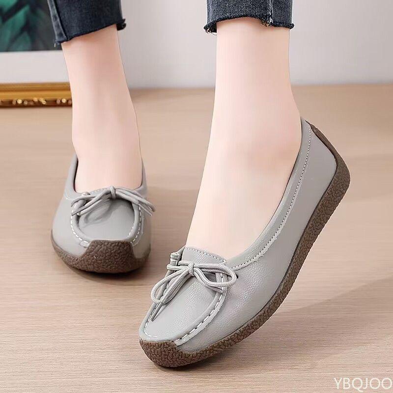 Luxury Summer Mom Shoes Cow tendon sole Women's Flats Anti slip shallow mouth soft soled shoes Solid color lace up flat 2025