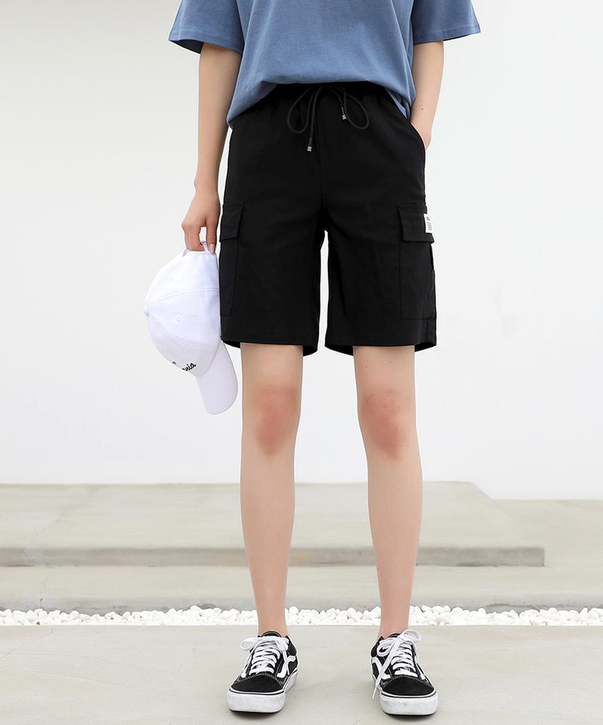 Ppaeppae Elastic String Label Patch Pocket Cargo Shorts