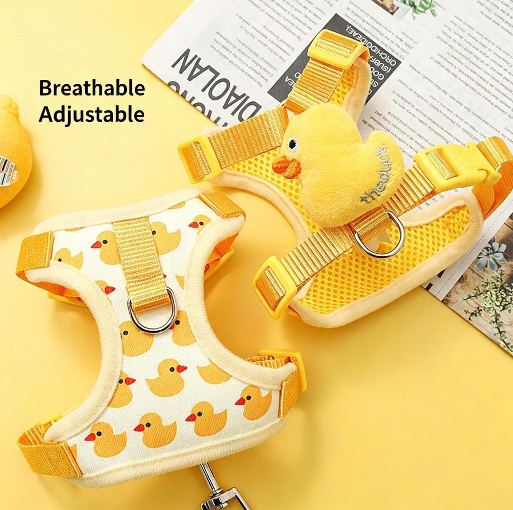 Dog and Cat Harness and Leash Set, Yellow Duck Design, Small, Adjustable, Escape-Proof