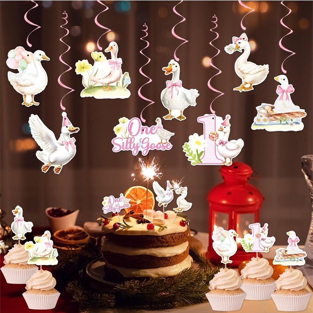Kids White Party Swan Party Decor Supplies With Flag Pulling Rotating Hang Tag