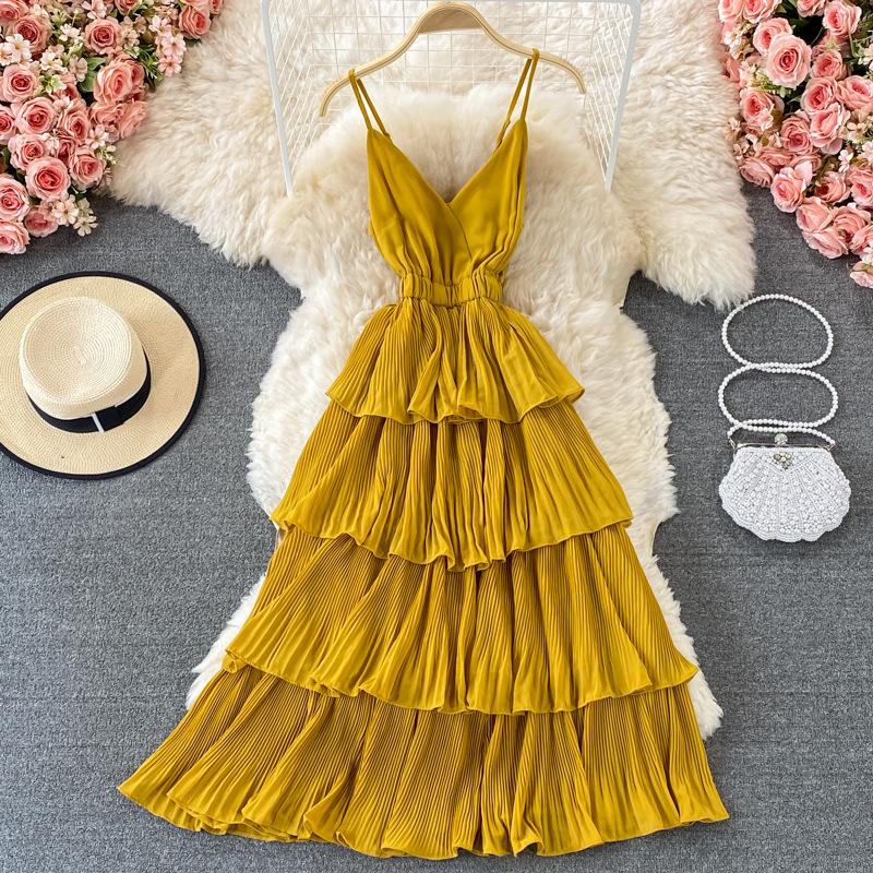 Léto Ženy Přehozené Volánky Špagetové Pásky Šaty Dovolená Plážové Vestido Dámské Elegantní Úzký midi župan s vysokým pasem