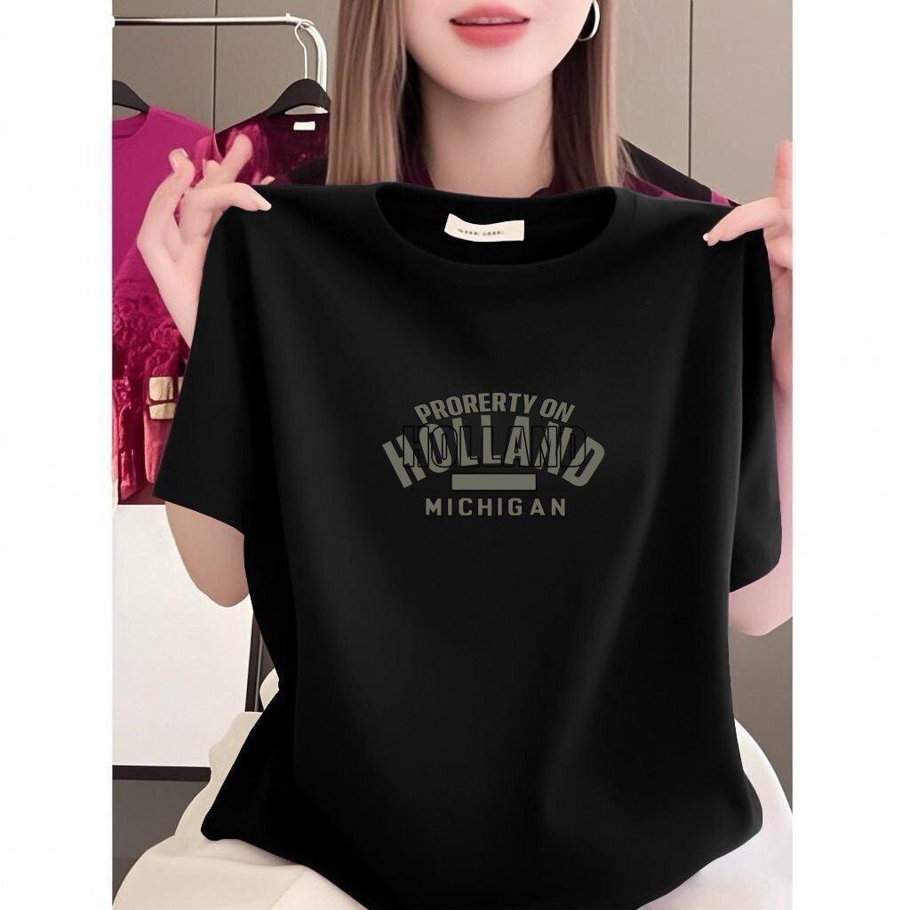 Damen Violettes Rundhals Kurzarm Übergröße Freizeit T-Shirt mit Buchstabenprint