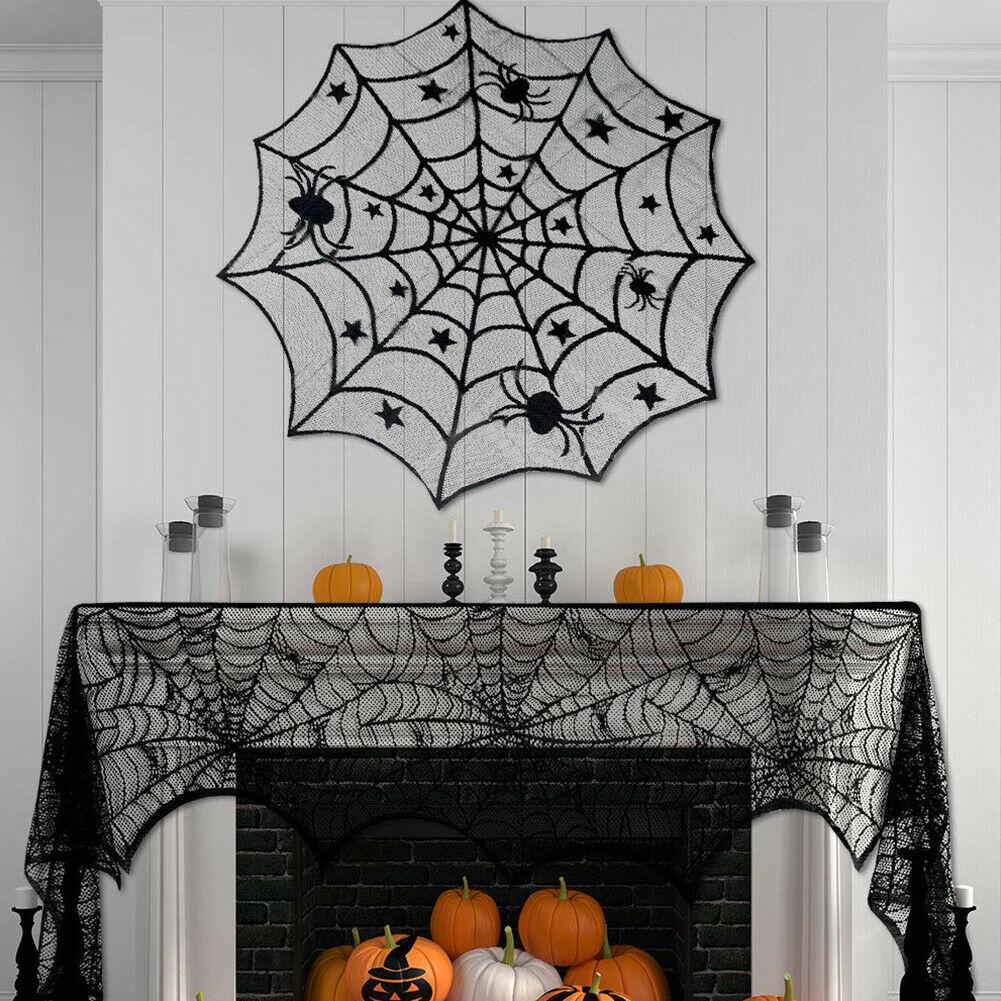 40 Inch Round Polyester Lace Table Topper Black Spider Web Halloween Tablecloth for Halloween