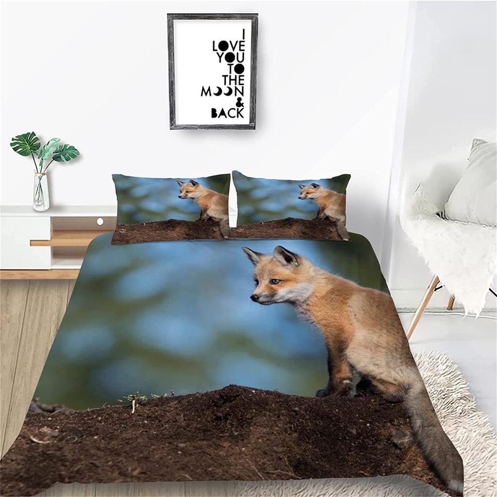 Cartoon Fox Duvet Cover Set Cute Kawaii Wild Animals King Queen Size Polyester Comforter Cover With Pillowcase For Kids Teens